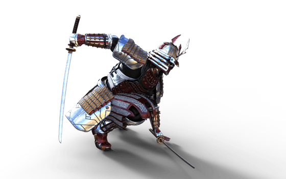 Bent Pose, Futuristic Red Samurai Warrior in Battle-Ready Armor png