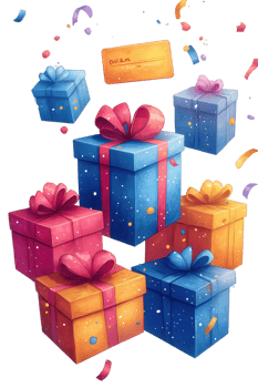 A bunch of colorful boxes with a card. png