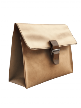 A tan purse with a brown strap and a silver clasp png