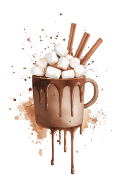 A mug of hot chocolate with marshmallows and cinnamon sticks on top png
