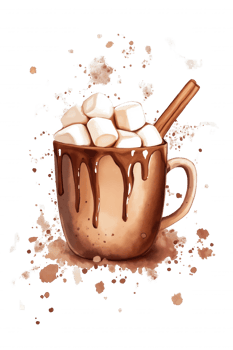 A cup of hot chocolate with marshmallows and a wooden stick png