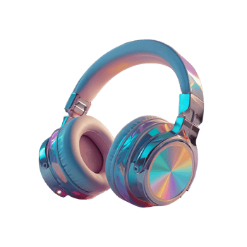 3D chrome element in Y2K style, isolated background, liquid holographic metal. Pair of headphones with a rainbow design, silver and blue. png