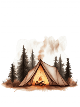 A tent is set up in the woods with a fire burning inside png