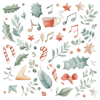 A collection of Christmas decorations including a star, a cup, a leaf png