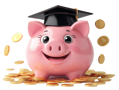 A piggy bank with a black hat on top and gold coins inside png