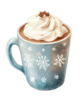 A blue mug with white snowflakes on it and a white whipped cream on top png