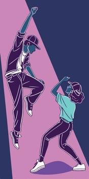 Two people dancing in the street, one is wearing a hat and the other is wearing a hat vector