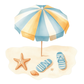 A beach scene with a blue and yellow umbrella, a pair of blue png