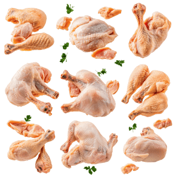 Collage of isolated raw chicken parts on a transparent background showcasing various cuts and shapes for culinary use, Isolated whole raw chicken parts collage png