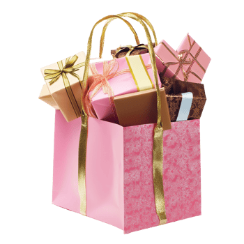 A festive shopping bag filled with colorful wrapped gifts against a bright transparent background, Shopping bag full of gifts isolated on with background png