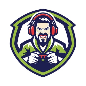 a man with headphones and beard holding a controller vector