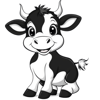 A cheerful black and transparent cartoon cow with big eyes posing adorably against a simple transparent background, cute black and transparent cartoon cow isolated on transparent background png