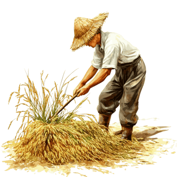 Sickle harvesting rice by a farmer in traditional clothing against a transparent background during harvest season, Sickle harvesting rice isolated on transparent background png