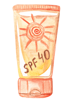 watercolor hand drawn orange suntan cream tube with sun isolated png