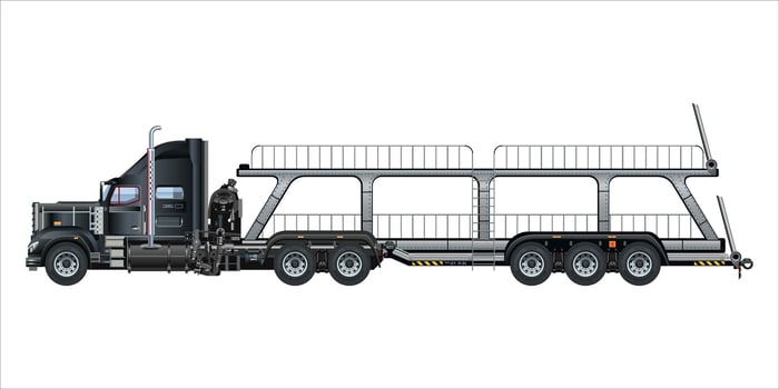 Carrier car trailer big rig car hauler semi trailer truck transporting cars on two levels 3D illustration vector