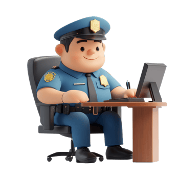 Police officer character diligently working at a workstation on a sleek transparent transparent surface, 3D Police Officer Character at Workstation on transparent background png