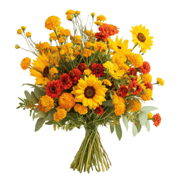 Bright floral arrangement of sunflowers, marigolds, and transparent chrysanthemums for a joyful event, Bouquet with Sunflowers, Marigolds, and Chrysanthemums on transparent background png