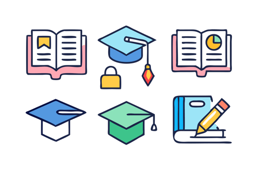 Educational materials and icons for students classroom graphic design digital learning top-down knowledge sharing png