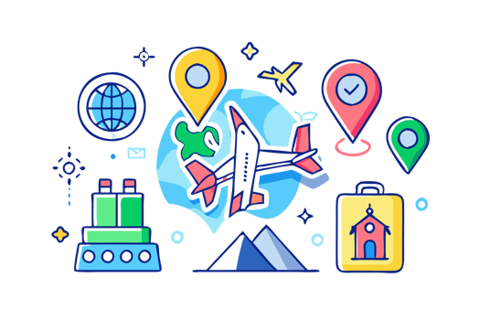 Exploring global travel adventures with airplanes maps and luggage icons in a colorful graphic design png