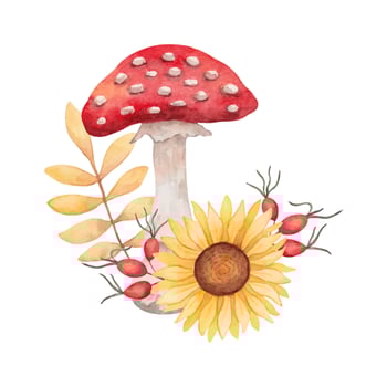 Composition of fly agaric mushroom with sunflower, rose hips and leaves. Botanical watercolor forest illustration. Nature clipart for autumn holidays. Thanksgiving, Halloween. Hand drawn isolated art vector