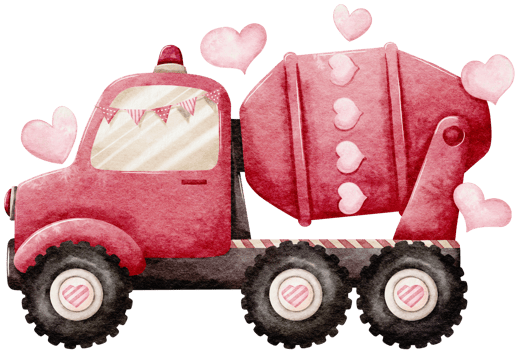 Watercolor Valentine s day with pink construction Cement Mixer and hearts png