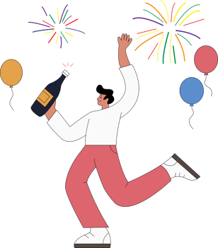 happy new year cartoon man with champagne bottle and fireworks png