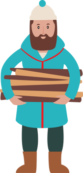 a man with a beard and a blue coat is holding a firewood of sticks png