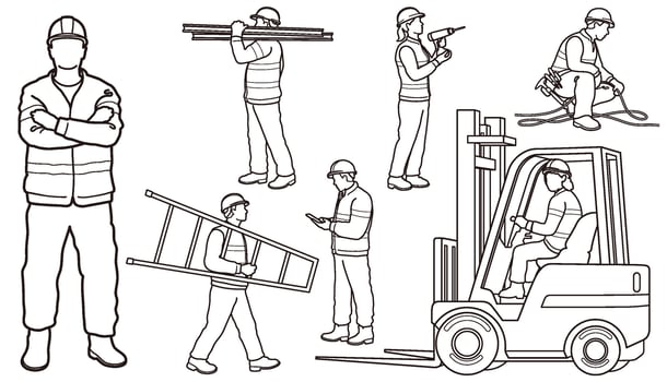 Construction Workers Monochrome Line Drawing Set Isolated On A White Background. vector