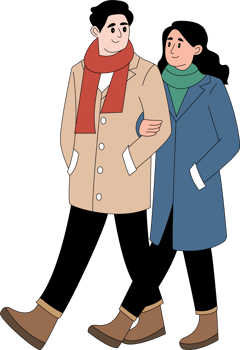 a cartoon couple walking outdoor in winter png