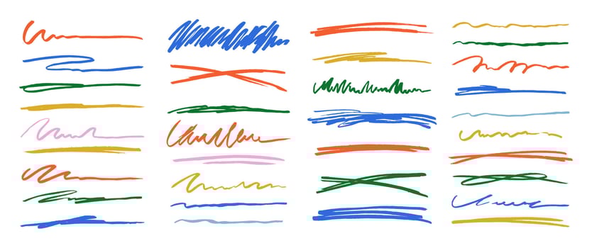 Marker lines for underline and highlight. Black brush freehand stroke, cross and squiggle collection. Color illustration on a white background. vector