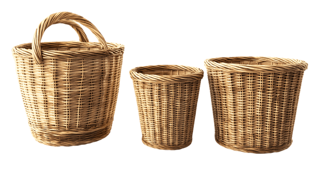 Three Wicker Baskets of Varying Sizes png