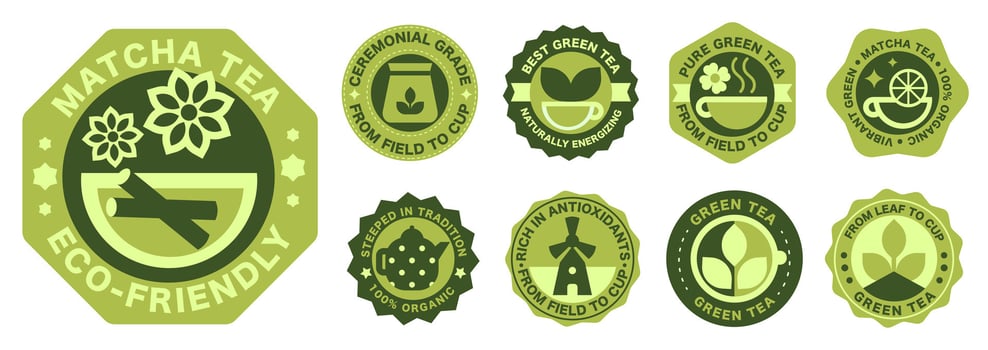 Green and Black Tea Badge Set. Labels, Stamps, and Icons Celebrating Nature Rich Brews vector