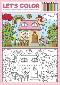 Saint Valentine coloring page for children with cute kawaii scene with cat couple, house. love holiday outline illustration. Color book for kids with colored example. Drawing skills worksheet vector