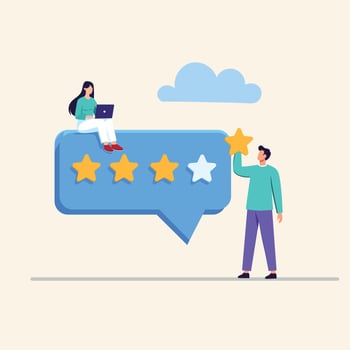 woman reviews product while man rates it with star vector