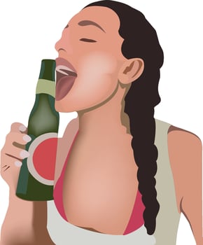 Girl with braid drinks beer from bottle- vector