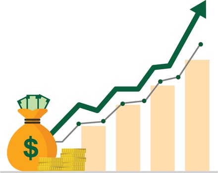 Investment growth graph with money bag and coins, symbolizing success vector