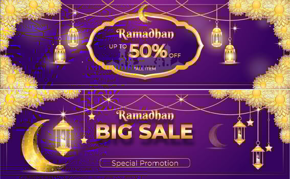 luxury gold Banner Ramadhan Big Sale purple background. The Blessed Month. vector