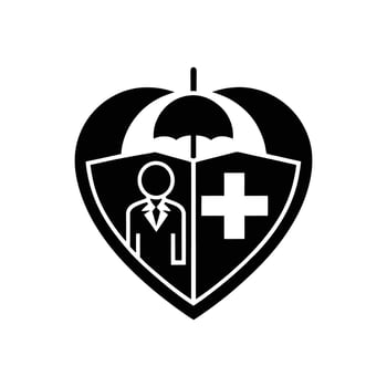 A black and white logo of a heart with a cross and a man holding an umbrella vector