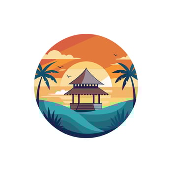 A round logo with a pagoda and palm trees vector