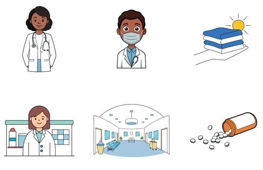 A set of cartoon icons depicting a doctor, nurse and other medical staff vector