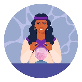 Gypsy woman fortune teller character predicts fate at table with magic sphere. Witchcraft of woman over crystal ball. illustration. vector