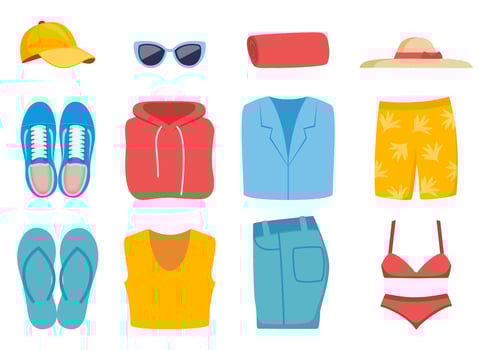 Colorful casual collection of folded clothes, footwear and accessories. Top view of lying folded trousers, T-shirt, sweatshirt, jacket, sneakers, hat, cap, swimsuit. illustration. vector
