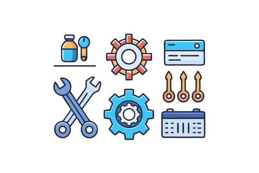 Collection of maintenance and configuration icons with gears, spanners, and vibrant tools for technology and repair themes vector