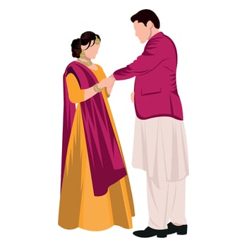 wedding couple illustration wearing mehndi dresses and putting rings on each others hands vector