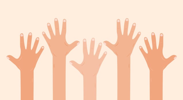 Raised hands illustration with diverse skin tones vector