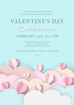 Happy Valentine's Day Invitation Card. Cute Poster with 3D Papercut Heart and Cloud. Modern Design Suitable for Invitation, Mother's and Women's Day, Birthday, March 8. Trendy Concept Holiday Template vector