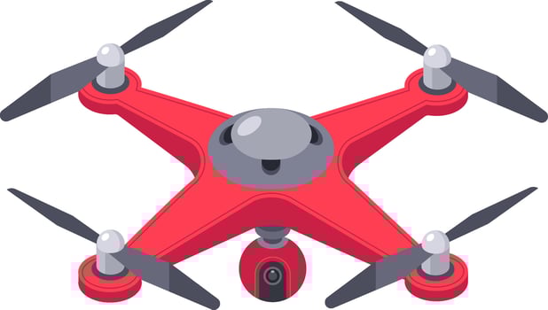 Red quadcopter drone with camera hovering, representing aerial photography, surveillance, delivery, innovation, and the future of unmanned flight vector