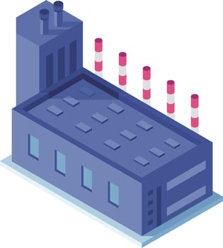 Isometric illustration representing a modern factory building with smoking chimneys polluting the environment, symbolizing industrial production and its impact on the planet vector