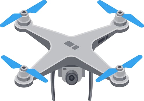 Modern white drone hovering gracefully in the air, featuring rotating blue propellers and equipped with a high resolution camera for capturing stunning aerial photography and videography vector