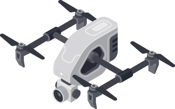 Professional camera drone hovering, showing camera and propellers, with modern and futuristic design, isometric view, perfect for aerial photography and videography vector